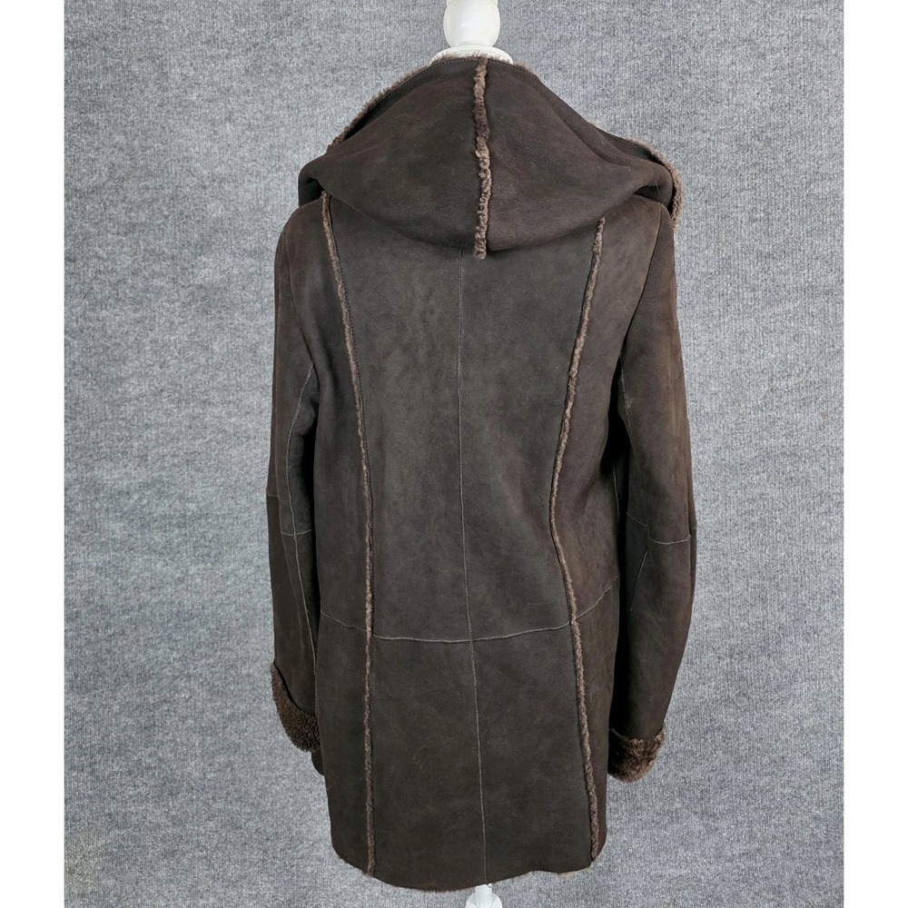 Vince M Shearling Leather Coat Spanish Merino Lamb Wool Brown Suede Hooded - Picture 7 of 13